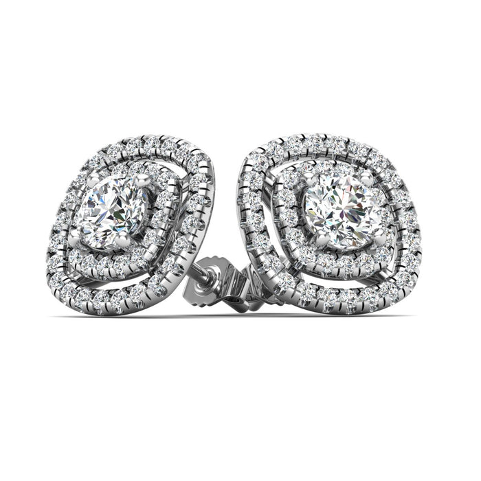 Cushion Shaped Round Diamond Double Halo Stud Earrings